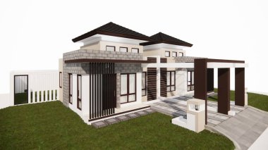 Bahçedeki rahat evin satılık ya da kiralık havuzu var. Beyaz üzerine izole edilmiş. Arka planda. yaz.