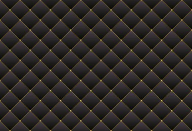 Siyah desenli, döşeli, altın dikişli deri kanepe. Koyu renkli örtülü arka plan vektörü.