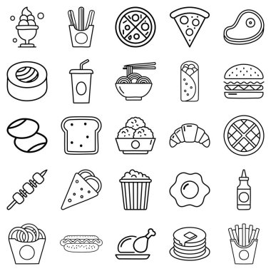 Fast food ikonları vektörü ayarlandı. Dondurma, pizza, hamburger, cips, kebap, biftek, patlamış mısır, soda kutusu ve daha fazla atıştırmalık..