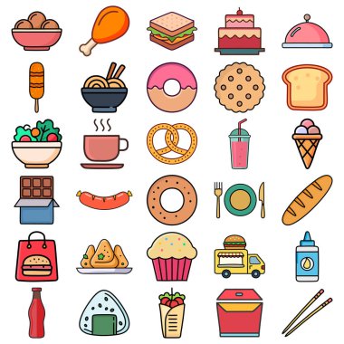 Yemek ve içecekler karalama ikonları. Vektör illüstrasyonu.