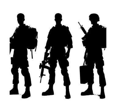 Soldier silhouette isolated on white background. Special forces military with weapons silhouettes vector illustration.