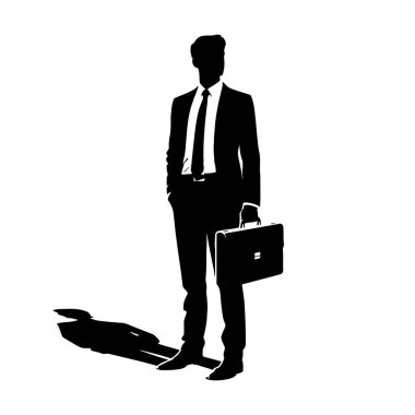 Beyaz arka planda evrak çantası olan bir işadamının silueti.