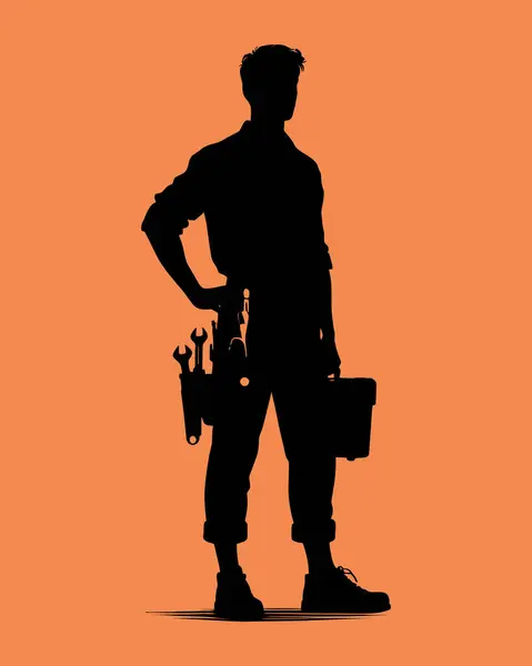 Turuncu arka planda aletleri olan inşaat işçilerinin silueti