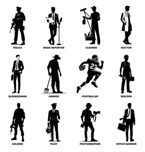 Beyaz arka planda farklı mesleklerden siyah siluetler. Çalışan insanlar siluet vektör çizimi.