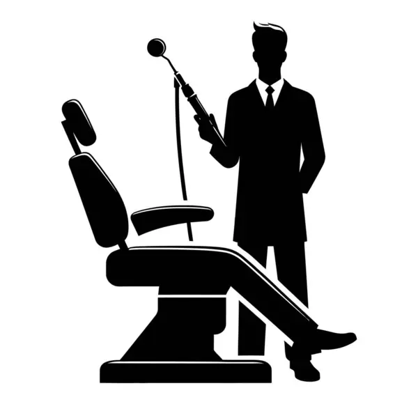 Dişçinin silueti ve elinde diş aleti olan bir sandalye.