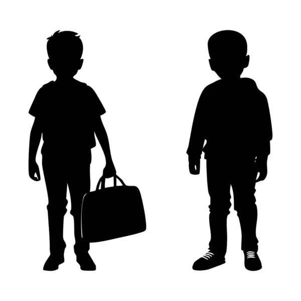 Beyaz arka planda çantalı bir çocuğun vektör silueti. Ayakta duran çocuklar ön görünüm çizimi.