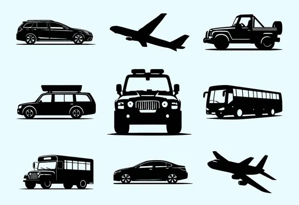 Bir grup araba, otobüs, kamyon ve uçak silueti. Vektör illüstrasyonu.