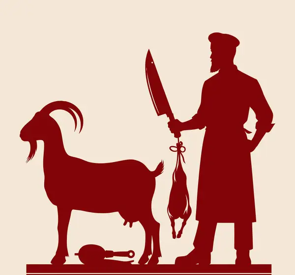 Kasap silueti. Arka planda bıçak ve keçi var.