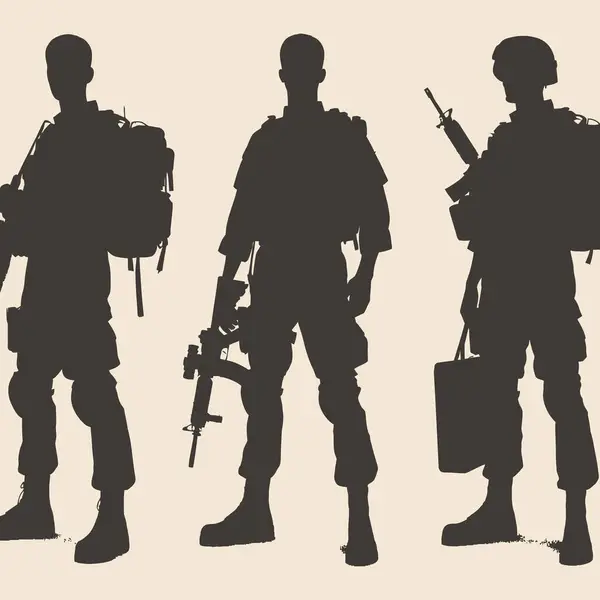 Silahlı ve cephaneli asker siluetleri. Vektör illüstrasyonu.