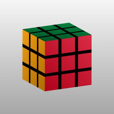 Kırmızı, yeşil, siyah ve sarı desenli Rubik küp. 3d kombinasyon oyun vektör çizimi.