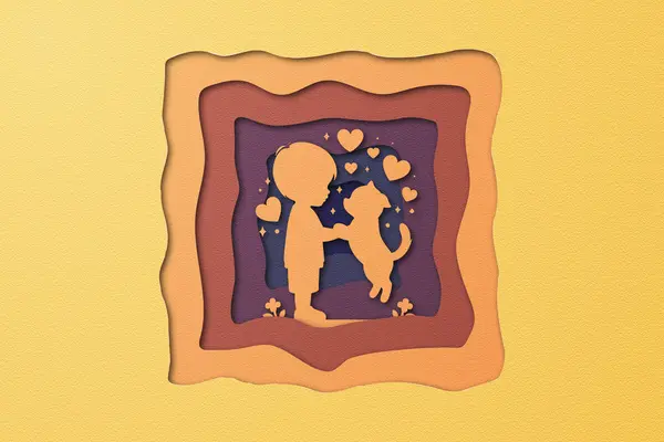 Kağıt üzerinde köpekle oynayan çocuk silueti çerçeveyi kalplerle kesmiş. Elinde köpek yavrusu ve kalp süsleri olan 3D kağıt kesim tebrik kartı. Soyut çok renkli kağıt kesimi dalgalı katman dokusu arkaplanı.