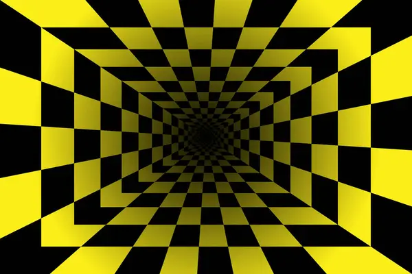3D siyah ve sarı fayanslar optik illüzyon girdap tüneli. Op sanat perspektifi geometrik torus vektör çizimi.