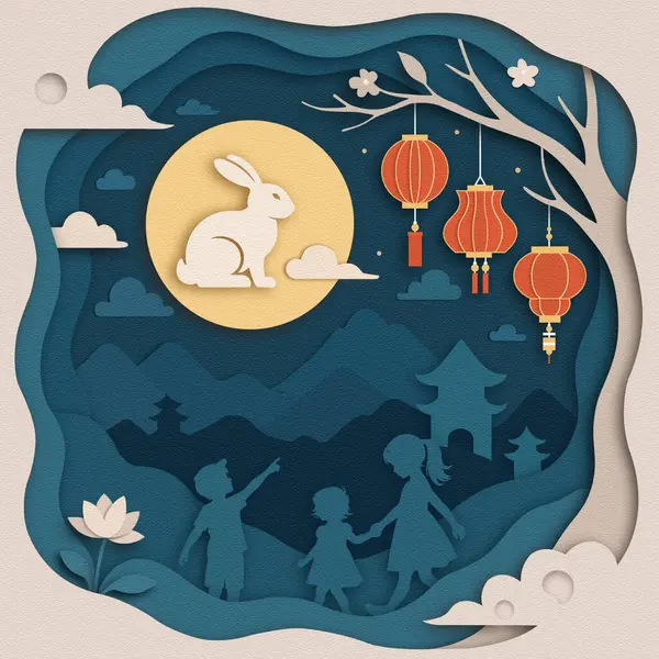 Mutlu Çin Yeni Yılı kağıt sanatı. Çocuk, ağaç, fener, Asya evleri, tavşan, çiçek, bulutlar ve dağlarla kağıt kesim stili vektör illüstrasyonu.