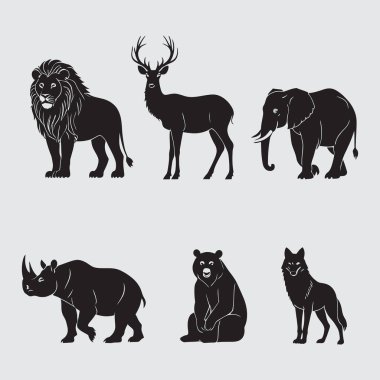 Gri arka planda vahşi hayvan siluetleri. Aslan, geyik, fil, gergedan, ayı ve kurt vektör çizimi.