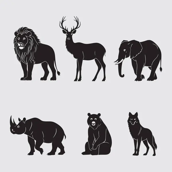 Gri arka planda vahşi hayvan siluetleri. Aslan, geyik, fil, gergedan, ayı ve kurt vektör çizimi.