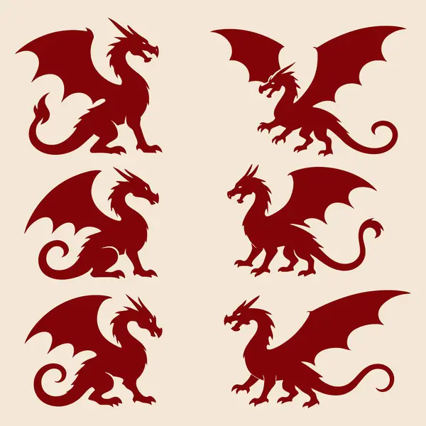 Bej arka planda kırmızı ejderha siluetleri, vektör illüstrasyonu.