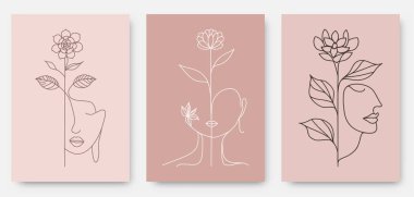 Soyut çizgi çizgisi kadın yüzü ve çiçek logosu şablonu