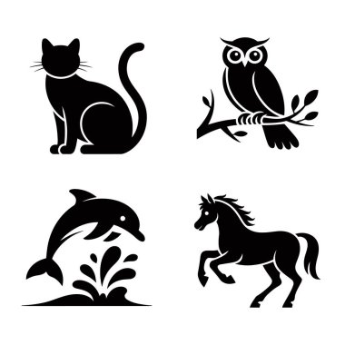 Set of black silhouettes of cat, owl, dolphin, and horse on white background. Animal icon vector illustration.