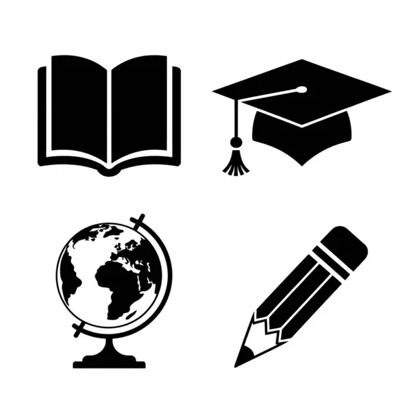 Back to school icons set. Black silhouette of book, graduation cap, globe, and pencil vector illustration.