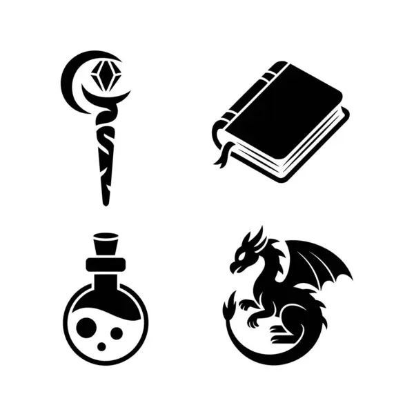 Magic symbols icons set on white background. Magic wand, potion, book, and dragon silhouette vector art.
