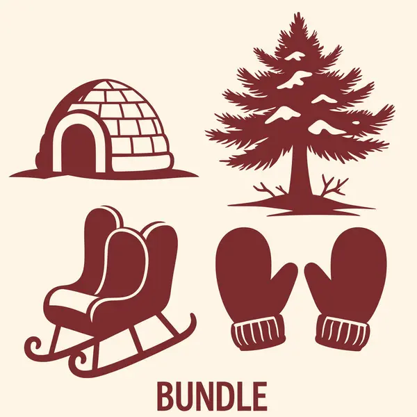 Eskimiş eskimo, çam ağacı, kızak ve eldivenli kış temalı simgeler. Vektör illüstrasyonu.