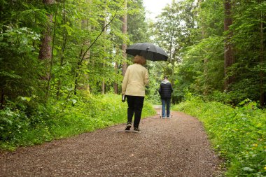 Birlikte altın yıllar yaşlı çiftler yağmurda doğa yürüyüşünün tadını çıkarıyorlar..