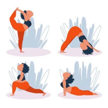 Doğada yoga yapan kadın arka planda kalır. Düz bir şekilde resimlerin vektör kümesi. Farklı yoga pozları..