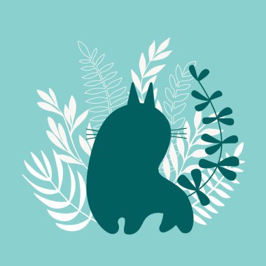 Botanik arka planında çimen kuyruklu yeşil kedi silueti