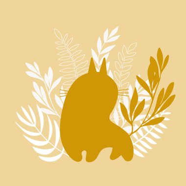 Botanik arka planında çimen kuyruklu sarı kedi silueti