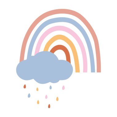 Bulut ve yağmurlu renkli gökkuşağı düz çizim elementi