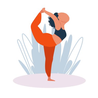 Doğada yoga yapan kadın arka planda kalır. Düz bir şekilde vektör illüstrasyonu. Yoga pozu.