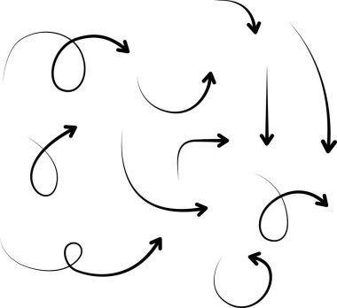 Vektör ok simgeleri ayarlandı. İzole vektör okları, beyaz arkaplana çizilmiş eller.
