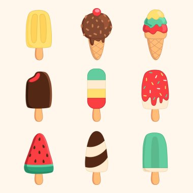 Sevimli renkli dondurma seti. Paket servis, bar veya restoran menüsü için vektör illüstrasyon yemeği.