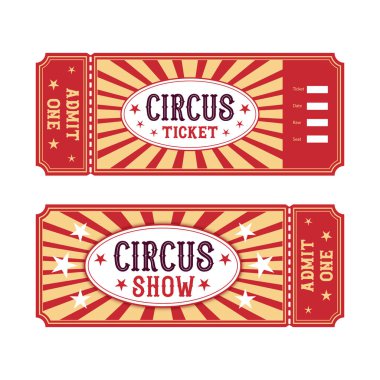 Sirk bileti. Kırmızı ve sarı renkli klasik sirk biletinin vektör şablonu.