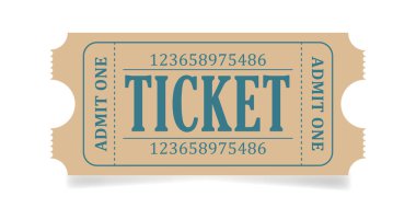 Bilet. Vektör beyaz arkaplanda izole edildi. Sinema, tiyatro, konser, performans, parti, etkinlik, festival.