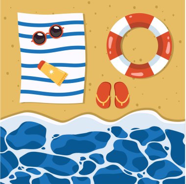 Yaz saati renkli vektör kavramı. Plaj Deniz arka plan tatil tasarım öğeleri ile. Karikatür tarzı illüstrasyon seyahat, promosyon, afiş, web, reklam için