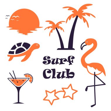 Flamingo, kaplumbağa, palmiye ağaçları, kokteyl, günbatımı ve yıldızlar dahil olmak üzere renkli tropik yaz elementleri kümesi. Plaj partisi tasarımı, sörf kulübü grafikleri, çıkartmalar ve yaz titreşimleri projeleri için mükemmel. Beyaz arkaplanda düz çizgi film biçimi.
