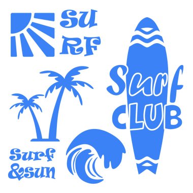 Cesur yaz sörfü kulübü ikonlarının parlak mavi renkli vektör seti. Sörf tahtası, dalgalar, palmiye ağaçları, güneş ışınları ve retro sörf metinleri. Plaj posterleri, tişört baskıları, sörf okulu logoları ve tropikal tatil grafikleri için mükemmel..