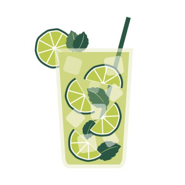 Limon dilimleri, nane yaprakları ve uzun bardakta pipetle buz küpleriyle yenilenen mojito kokteylinin vektör çizimi. Yeşil tonlarda modern düz tasarım. Yaz içeceği menüleri, tropikal parti tasarımları, bar grafikleri ve yemek tarifleri için mükemmel..