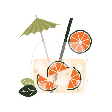Buz küpleri, portakal dilimleri, yeşil pipet ve dekoratif şemsiyeyle servis edilen tropikal portakal kokteylinin vektör çizimi. Taze ve yaz düz tasarımı. İçki menüleri, yaz partileri, tropikal bar promosyonları ve sosyal medya görselleri için ideal.