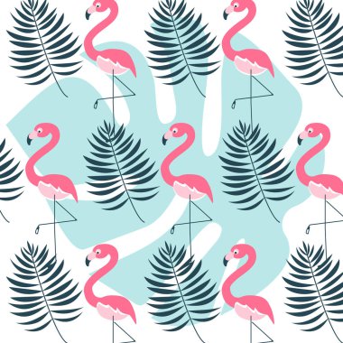 Pembe flamingoları ve beyaz ve mavi arka planda palmiye yaprakları olan kusursuz tropikal desenler. Yaz tekstil tasarımı, ambalaj kağıdı, duvar kağıtları ve plaj temalı ürünler için mükemmel..