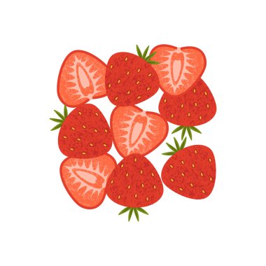 Sulu Çilek. Yaz ve Gıda Tasarımı için Taze Meyve Vektörü. Olgun ve dilimlenmiş çileklerin resmi. Ambalaj tasarımı, sağlıklı yaşam tarzı temaları, organik gıda konseptleri, yaz promosyonları ve mutfak dekorasyonu için mükemmel..