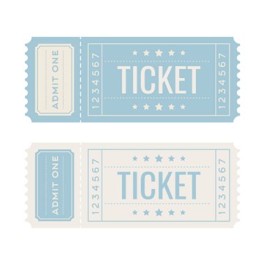 Retro stili, mavi ve bej renkli bir bilet, yıldızlı vektör illüstrasyonu ve bilet numaraları. Beyaz arka planda izole edilmiş, sinema, tiyatro, konser veya etkinlik tasarımı için mükemmel..