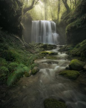Cantabria, Pasiegos vadilerindeki Buaçeguin şelalesinde ferahlatıcı bir sabah.