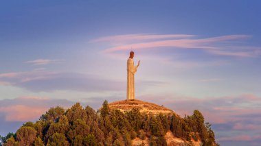 İspanya, Palencia 'daki Cristo del Otero heykelinin manzarası. Gün batımında ağaçlarla çevrili bir tepenin tepesinde duruyor. Arka planda renkli bir gökyüzü var.