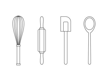 Mutfak tasarımı, vektör, şeffaf arkaplanda izole edilmiş doğrusal araçlar kümesi