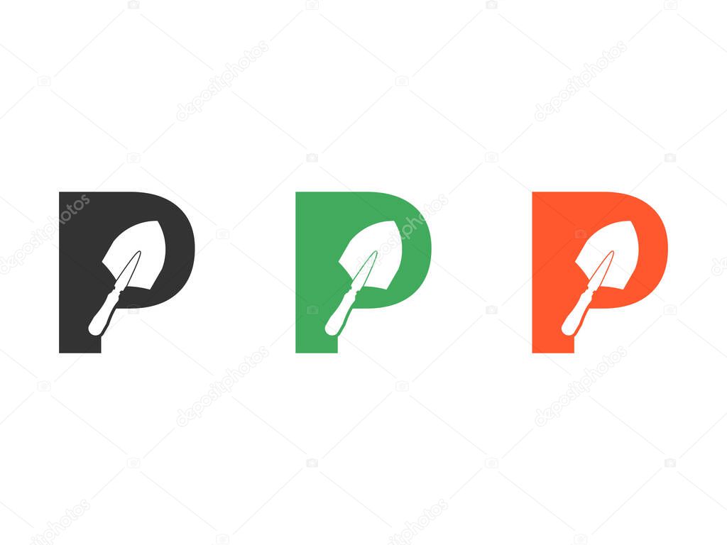 Initials letter P shovel tool symbol icon design vector isolated on transparent background