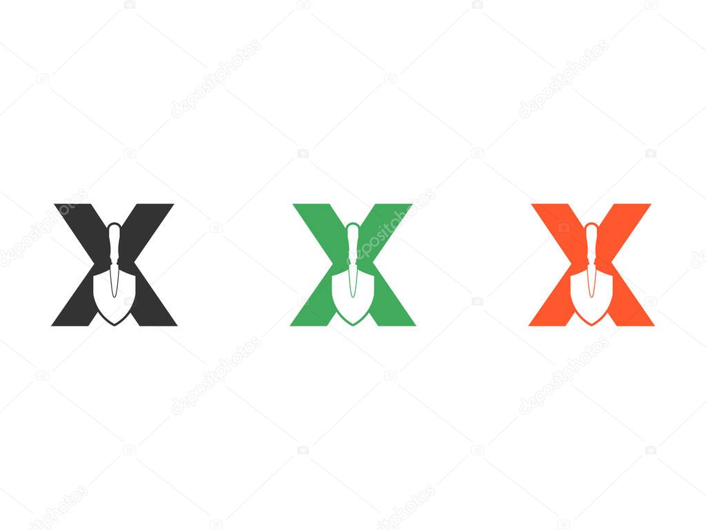 Initials letter X shovel tool symbol icon design vector isolated on transparent background