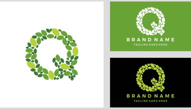 Harf Başlangıç Q yaprağı logosu tasarımı, yeşil yaprak monogram vektör illüstrasyonu