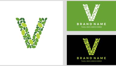 Harf İlk V yaprağı logosu tasarımı, yeşil yaprak monogram vektör illüstrasyonu